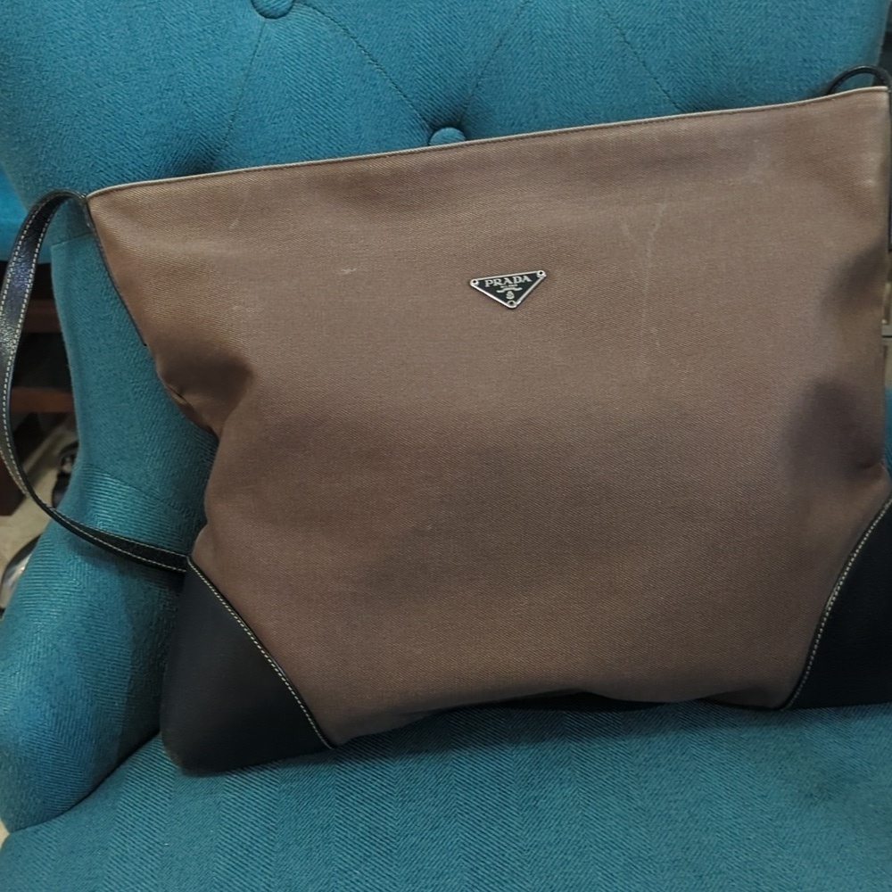 Prada Large Brown canvas/ black leather trimmed Tote Bag
